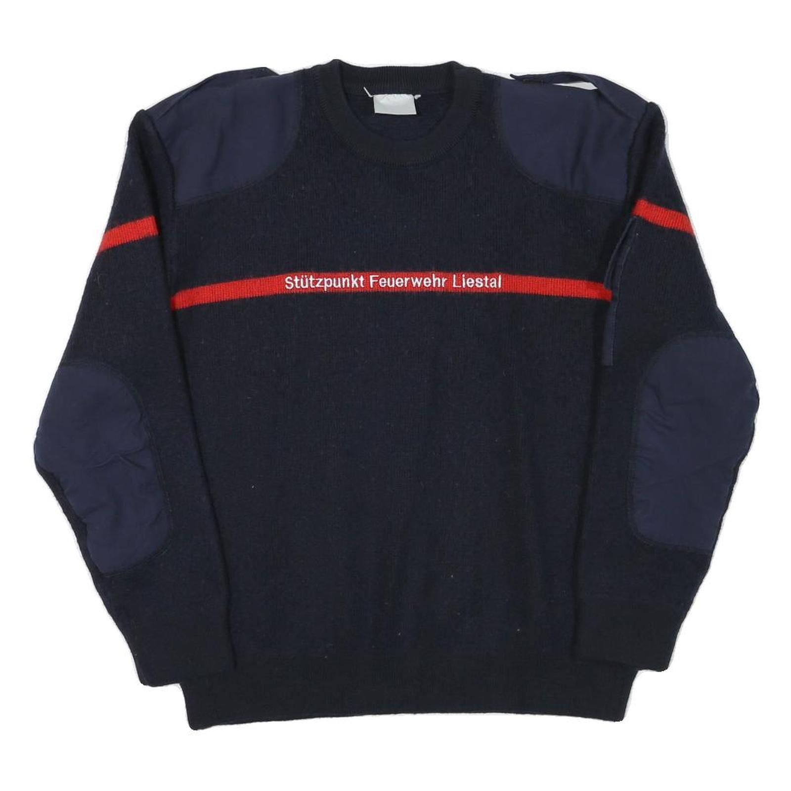 Mens Navy Blue & Red Wool Blend Plain Jumper Crew Neck Basic Knit L Military