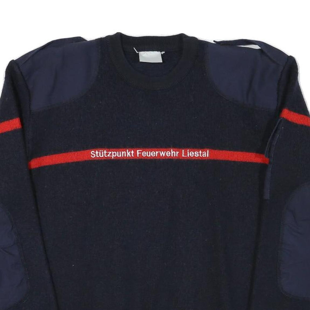 Mens Navy Blue & Red Wool Blend Plain Jumper Crew Neck Basic Knit L Military