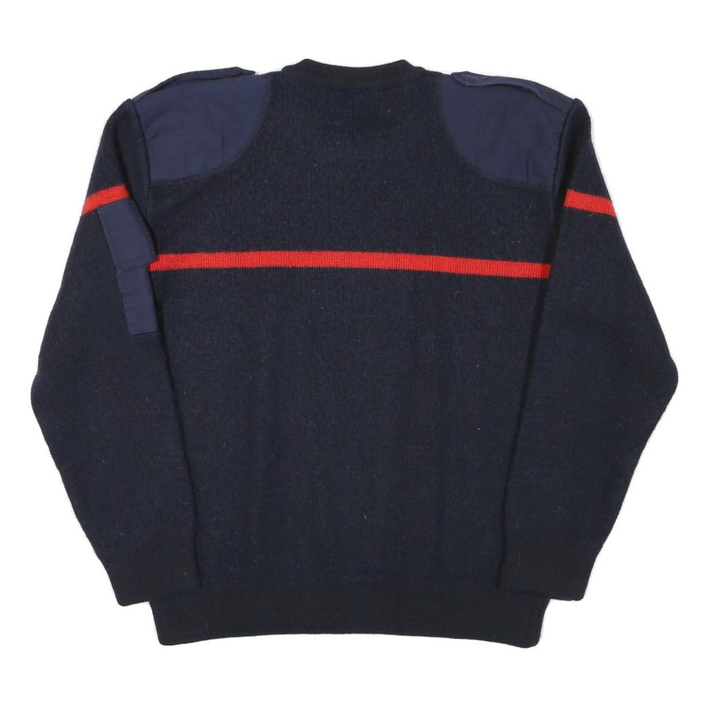Mens Navy Blue & Red Wool Blend Plain Jumper Crew Neck Basic Knit L Military