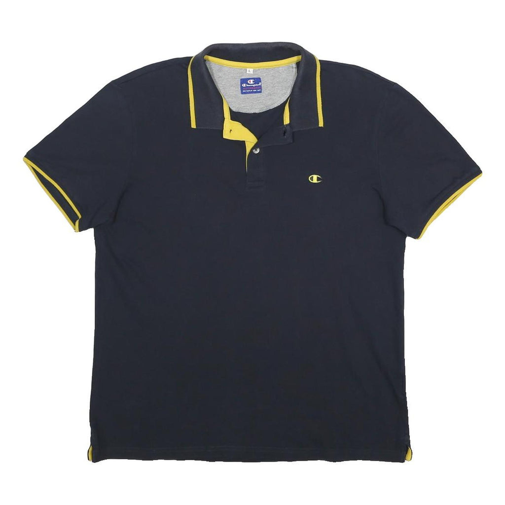 CHAMPION Mens Navy & Yellow Polo Shirt L Cotton Blend Short Sleeve Classic