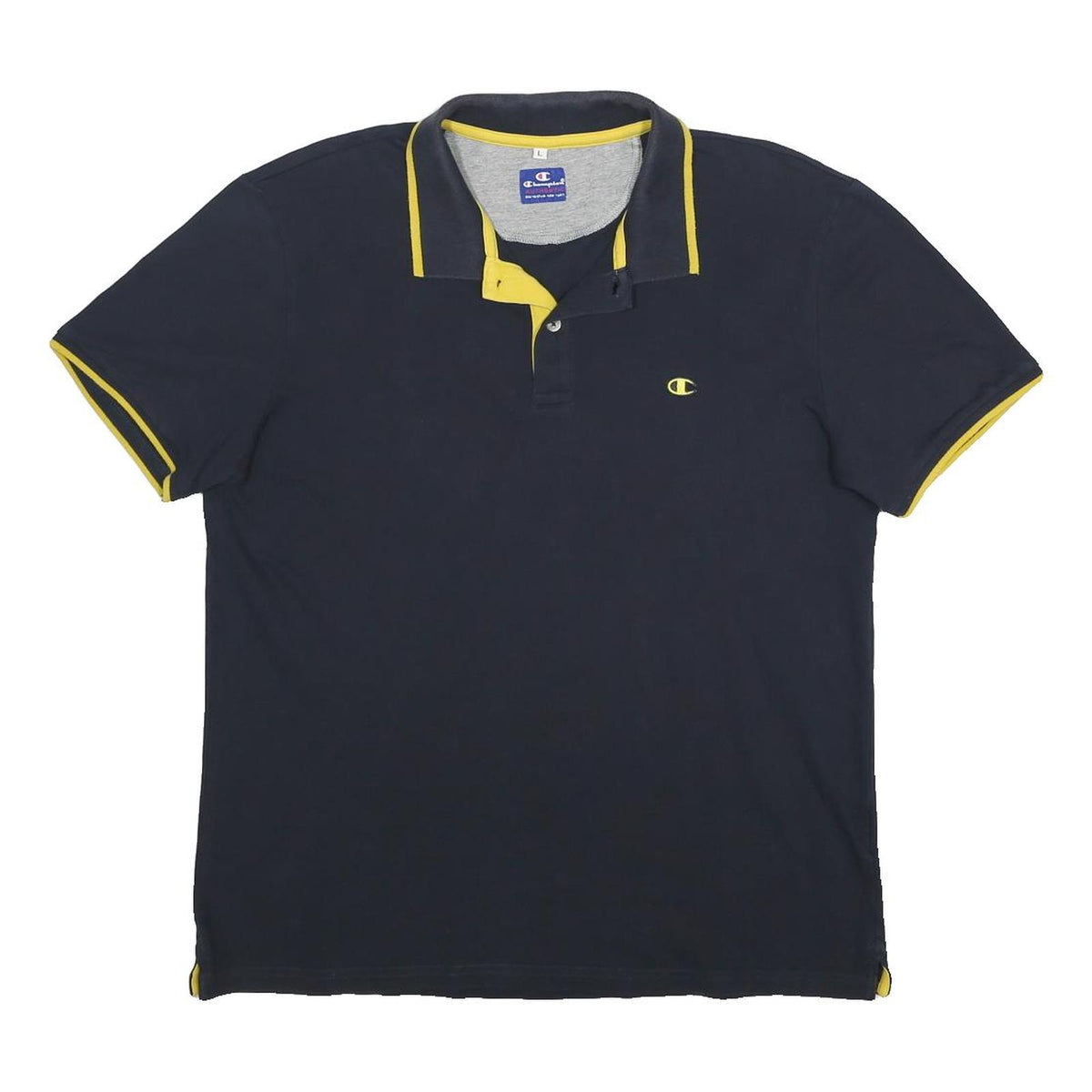 CHAMPION Mens Navy & Yellow Polo Shirt L Cotton Blend Short Sleeve Classic