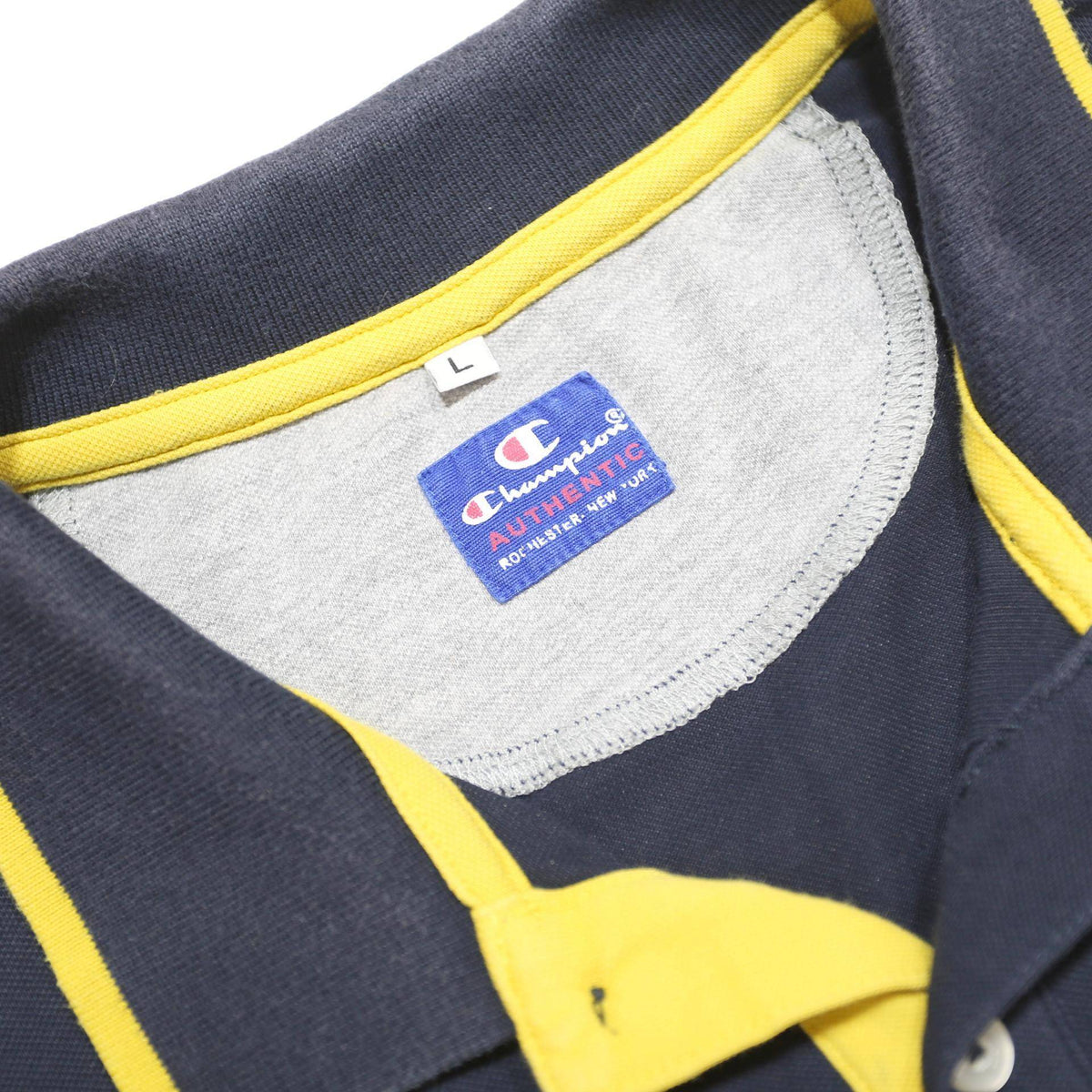 CHAMPION Mens Navy & Yellow Polo Shirt L Cotton Blend Short Sleeve Classic
