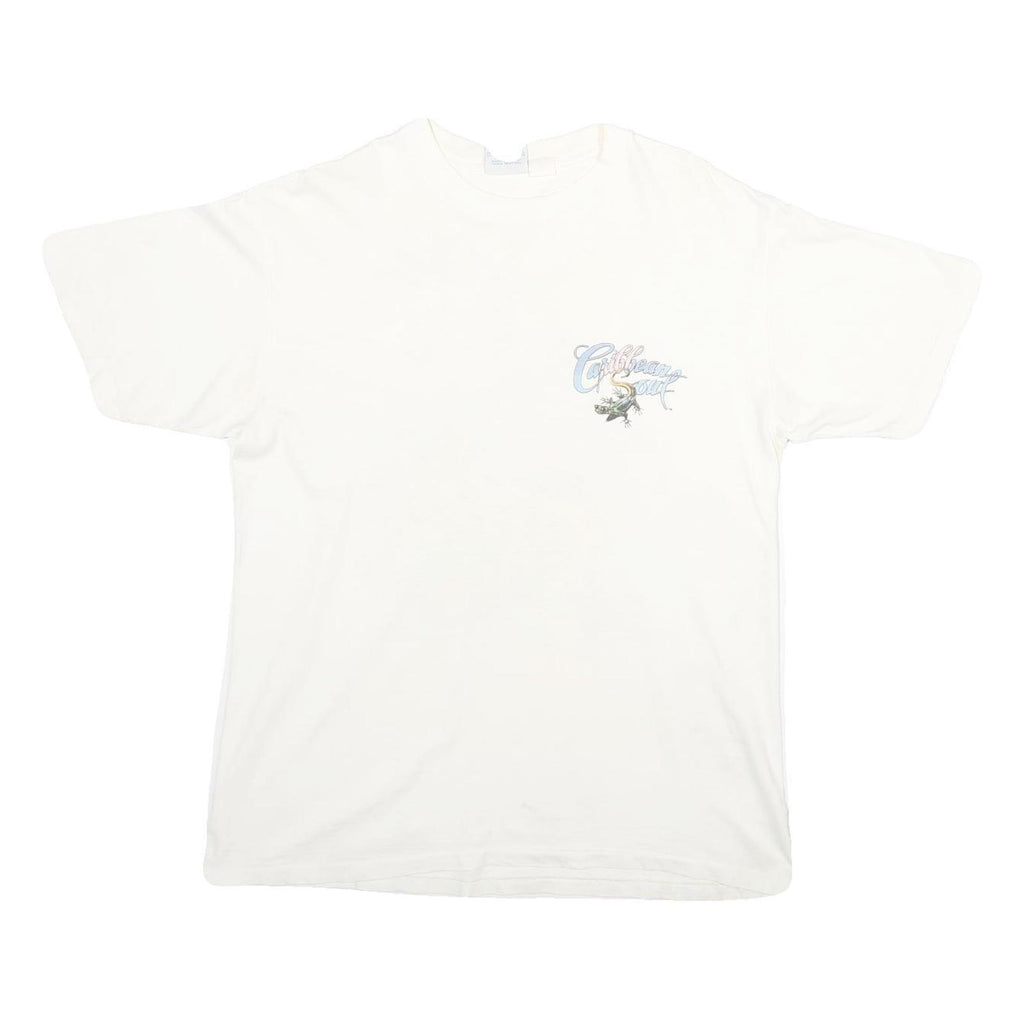 CARIBBEAN SOUL Mens White Graphic T-Shirt L Short Sleeve Crew Neck Tropical