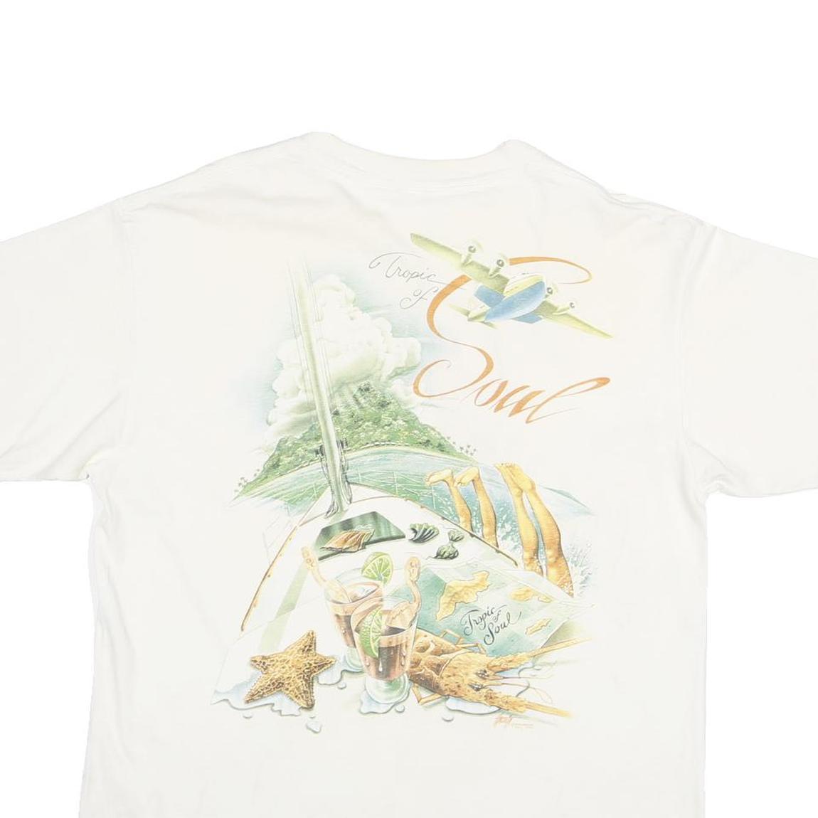 CARIBBEAN SOUL Mens White Graphic T-Shirt L Short Sleeve Crew Neck Tropical
