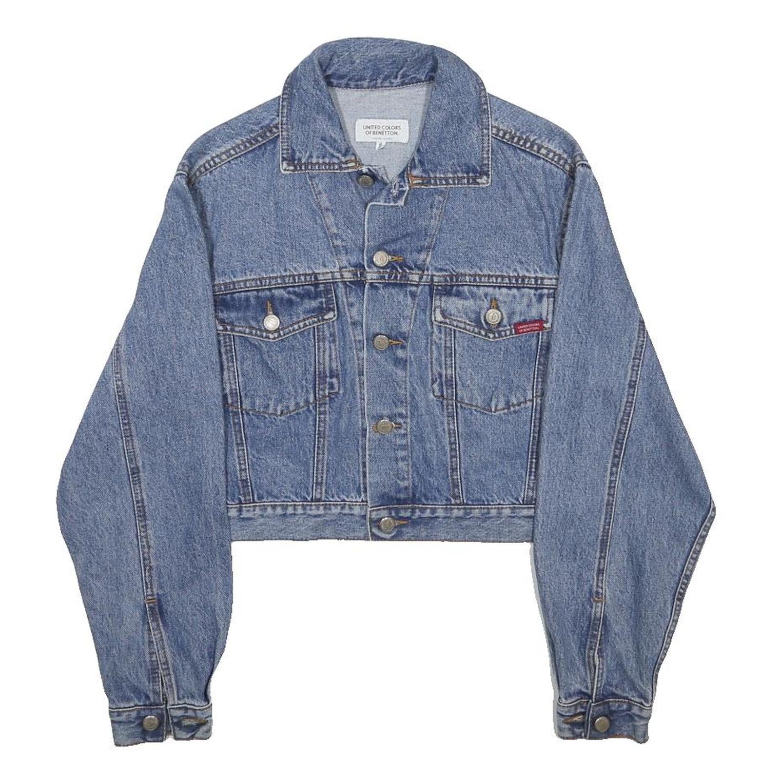 BENETTON Womens Blue Denim Jacket S Cotton Button Classic Cropped Fit