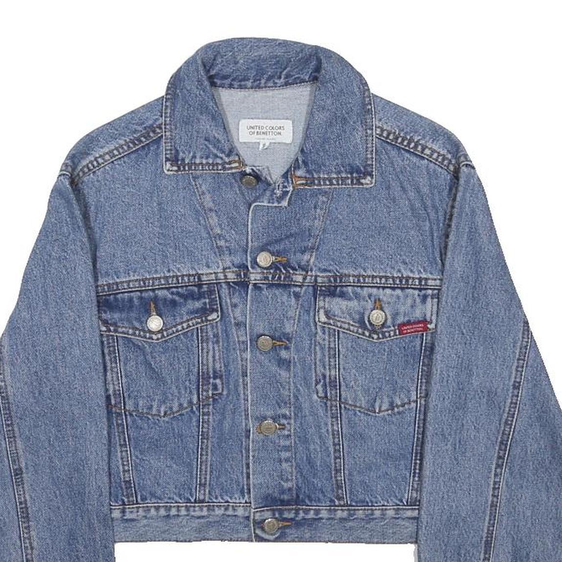 BENETTON Womens Blue Denim Jacket S Cotton Button Classic Cropped Fit
