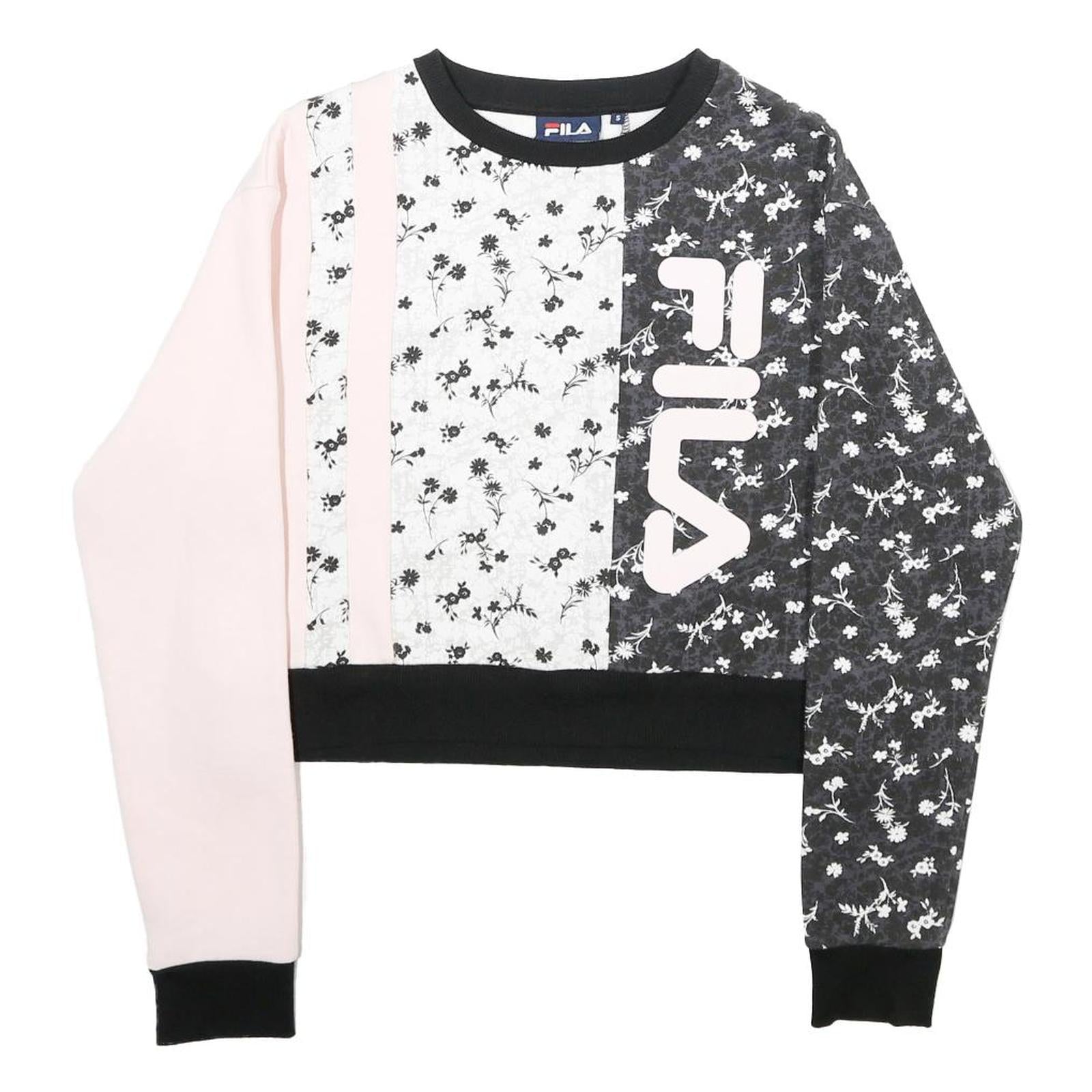 FILA Womens Pink & Black Floral Logo Crew Neck S Sweatshirt Pullover Crop Top