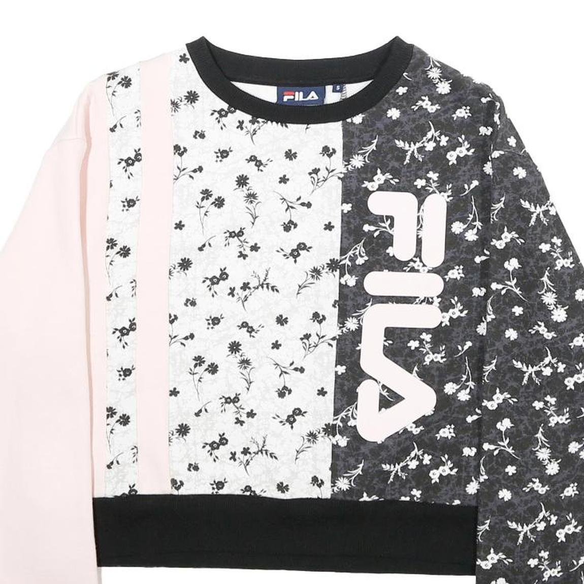 FILA Womens Pink & Black Floral Logo Crew Neck S Sweatshirt Pullover Crop Top