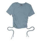 ZARA Womens Blue Basic Top Short Sleeve Crew Neck Ruched Side Size S Drawstrings