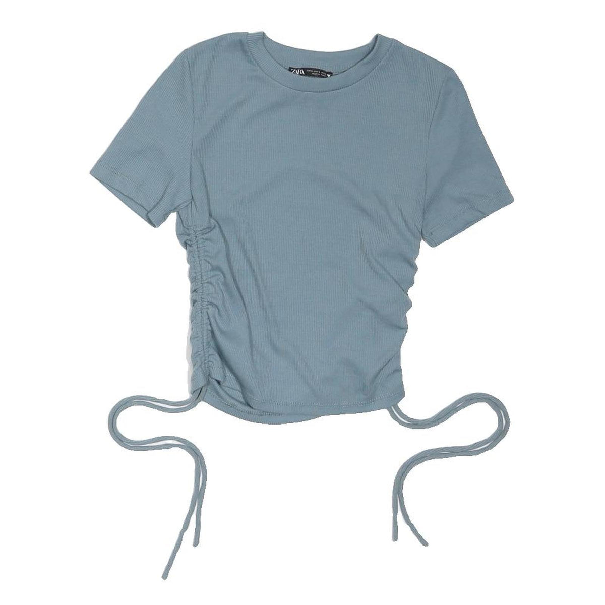 ZARA Womens Blue Basic Top Short Sleeve Crew Neck Ruched Side Size S Drawstrings