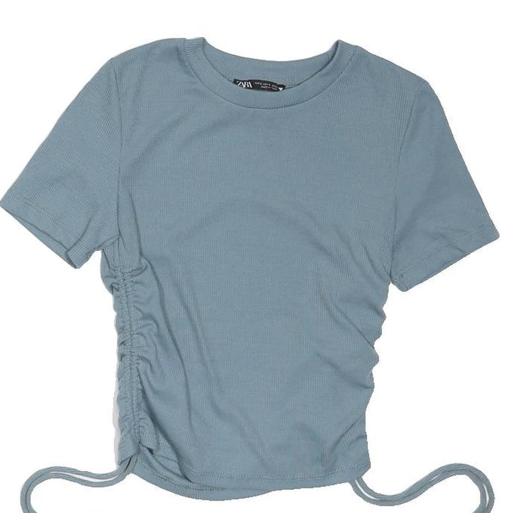 ZARA Womens Blue Basic Top Short Sleeve Crew Neck Ruched Side Size S Drawstrings
