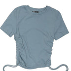 ZARA Womens Blue Basic Top Short Sleeve Crew Neck Ruched Side Size S Drawstrings