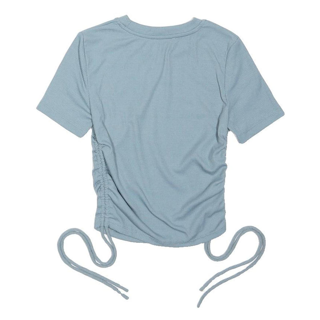 ZARA Womens Blue Basic Top Short Sleeve Crew Neck Ruched Side Size S Drawstrings