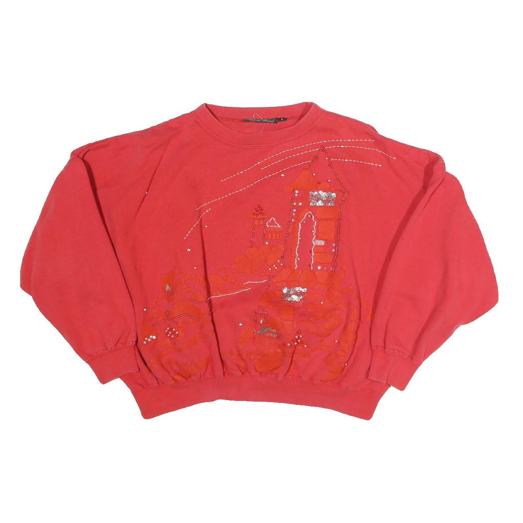 PAULO VANNI Womens Red Sweatshirt L Embellished Castle Design Crew Neck Casual