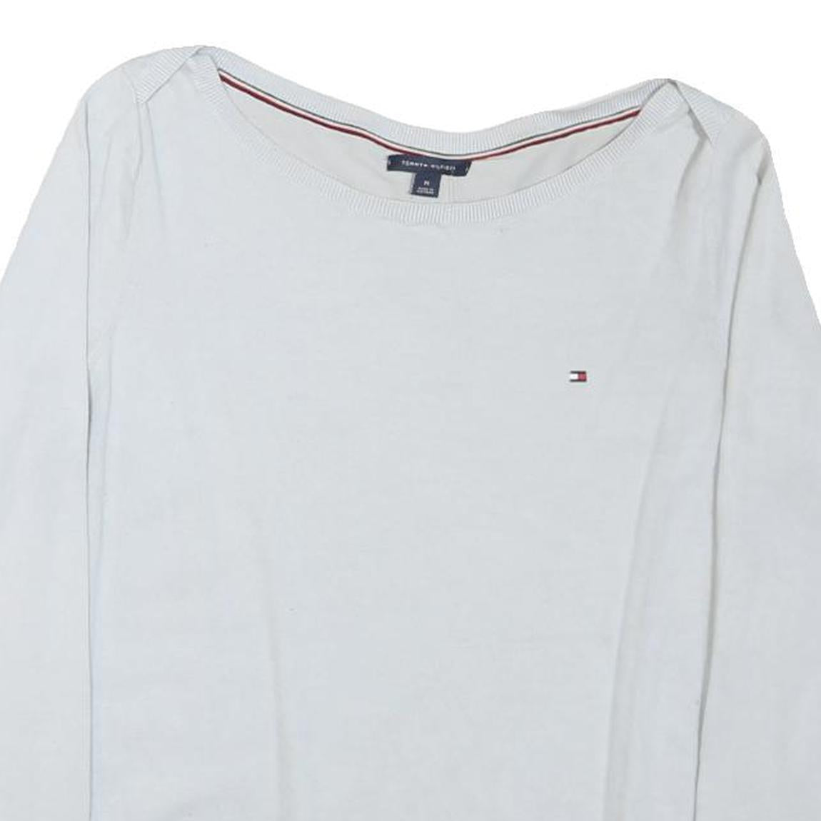 TOMMY HILFIGER Mens White Plain Cotton Blend Jumper Crew Neck Tight Knit M