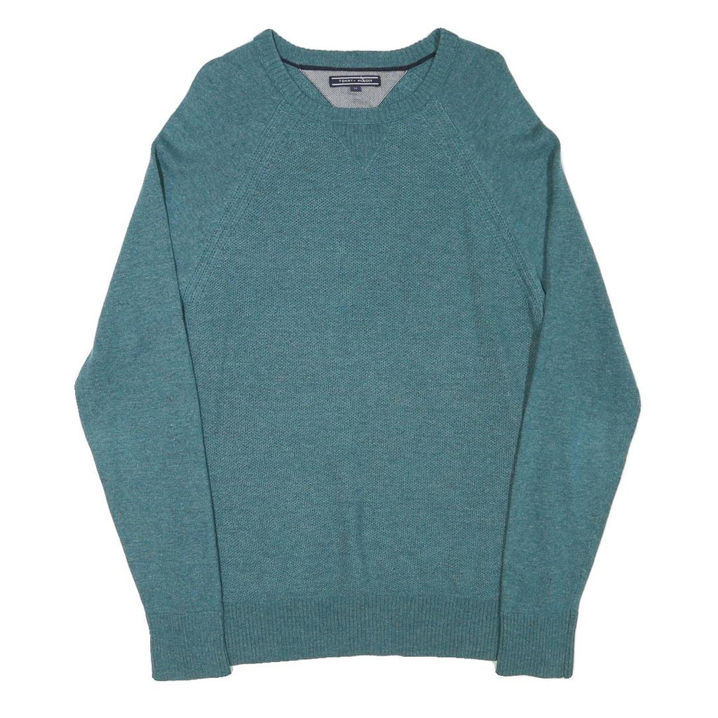 TOMMY HILFIGER Mens Blue Plain Crew Neck Basic Knit Jumper M Wool Blend