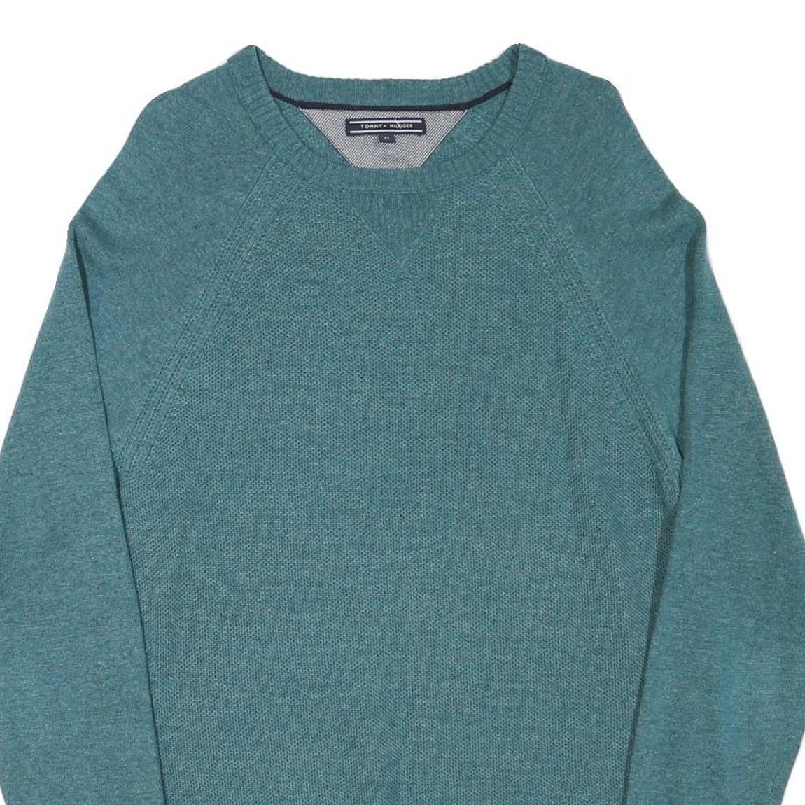 TOMMY HILFIGER Mens Blue Plain Crew Neck Basic Knit Jumper M Wool Blend