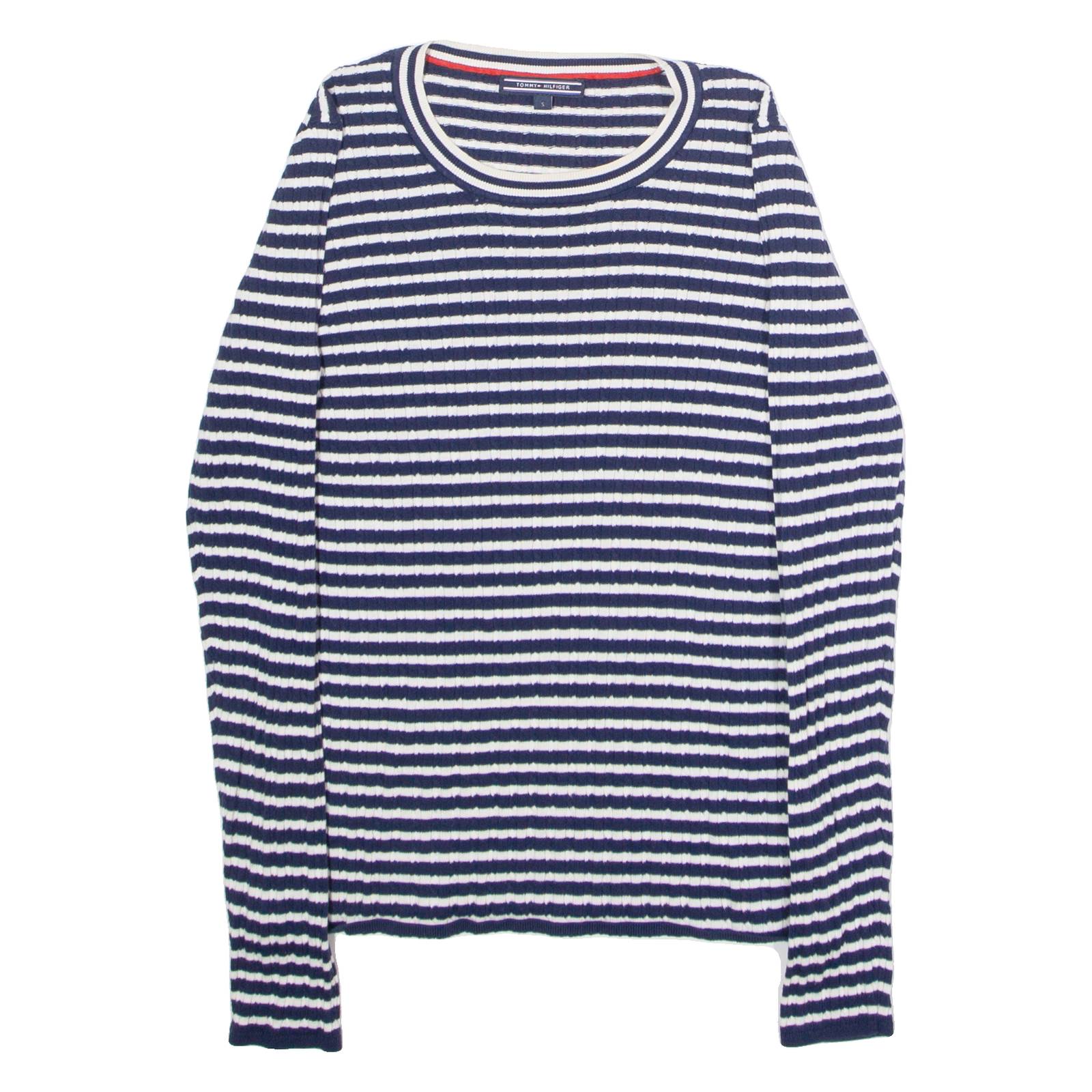TOMMY HILFIGER Womens Patterned Jumper Blue Striped Crew Neck Tight Knit S