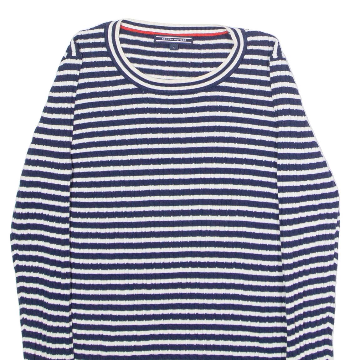 TOMMY HILFIGER Womens Patterned Jumper Blue Striped Crew Neck Tight Knit S