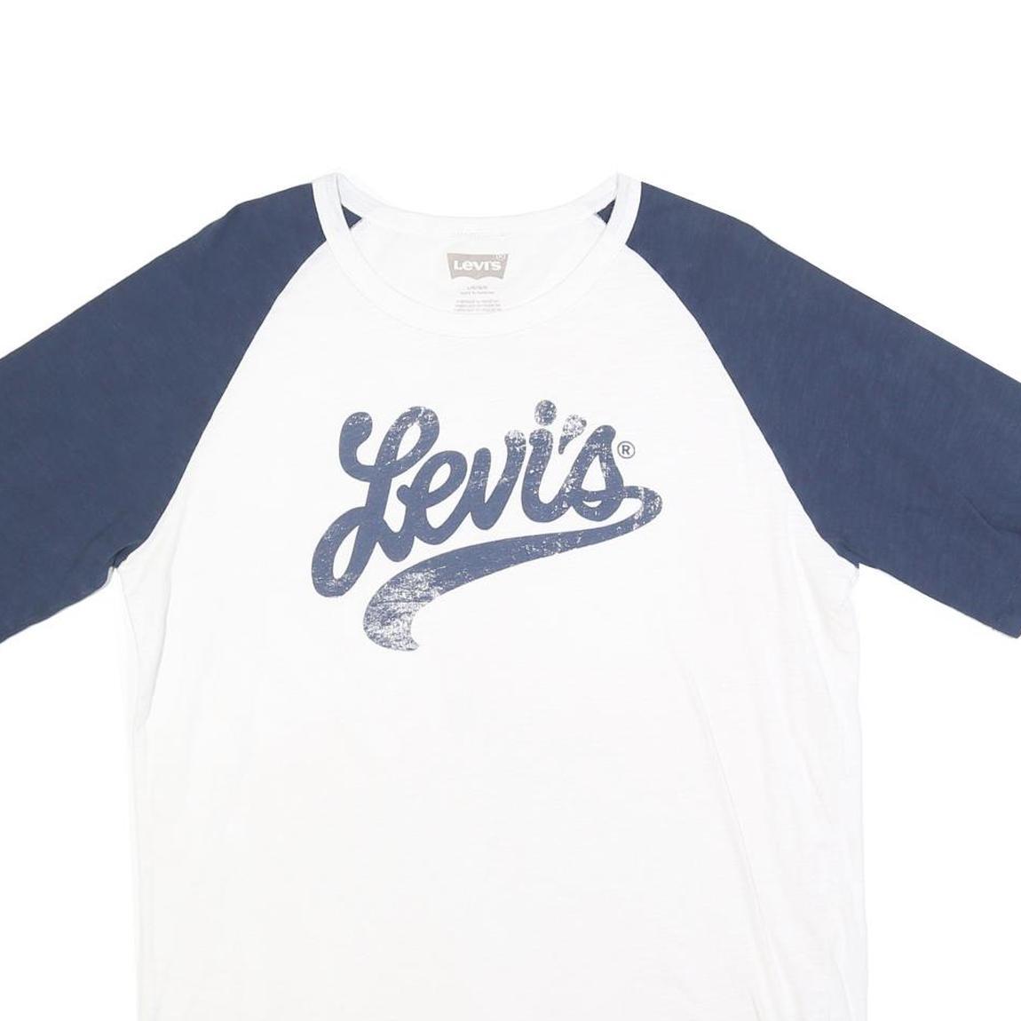 LEVI'S Mens White & Navy Graphic T-Shirt L Short Sleeve Crew Neck Classic Cotton