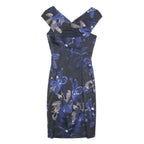 KAREN MILLEN Womens Black & Blue Floral Bodycon Woven V-Neck Sleeveless Dress UK