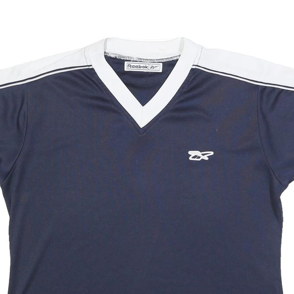 REEBOK Womens Navy Blue & White V-Neck Short Sleeve T-Shirt M Sportswear