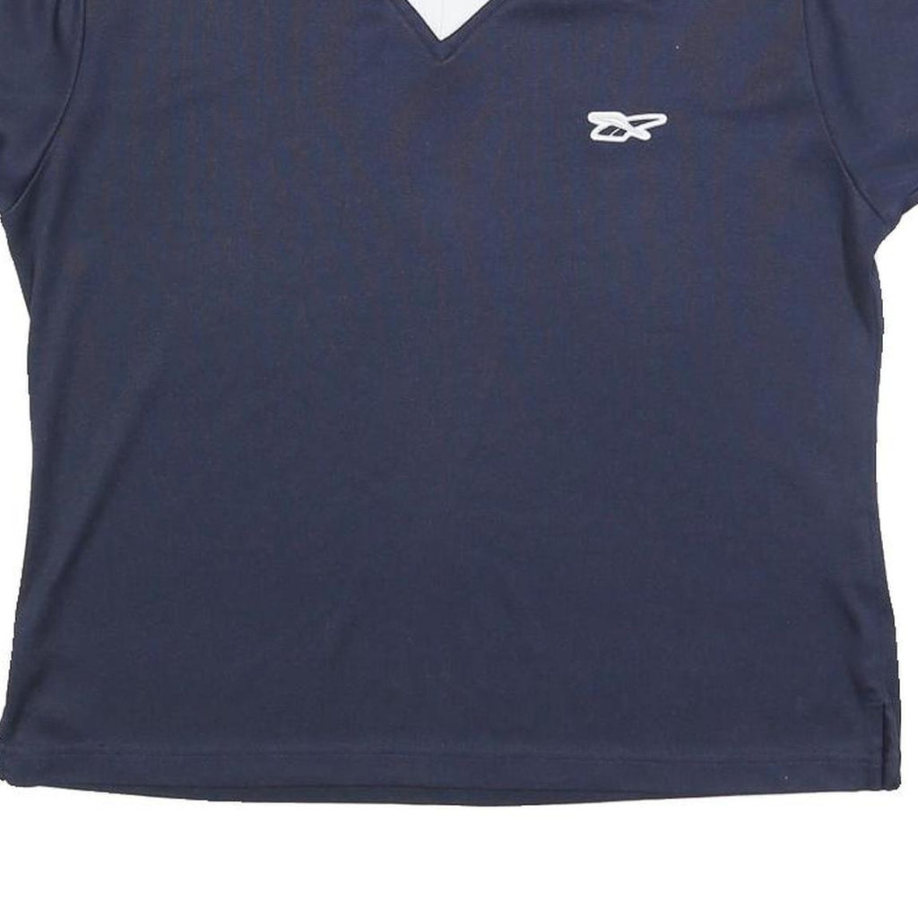 REEBOK Womens Navy Blue & White V-Neck Short Sleeve T-Shirt M Sportswear
