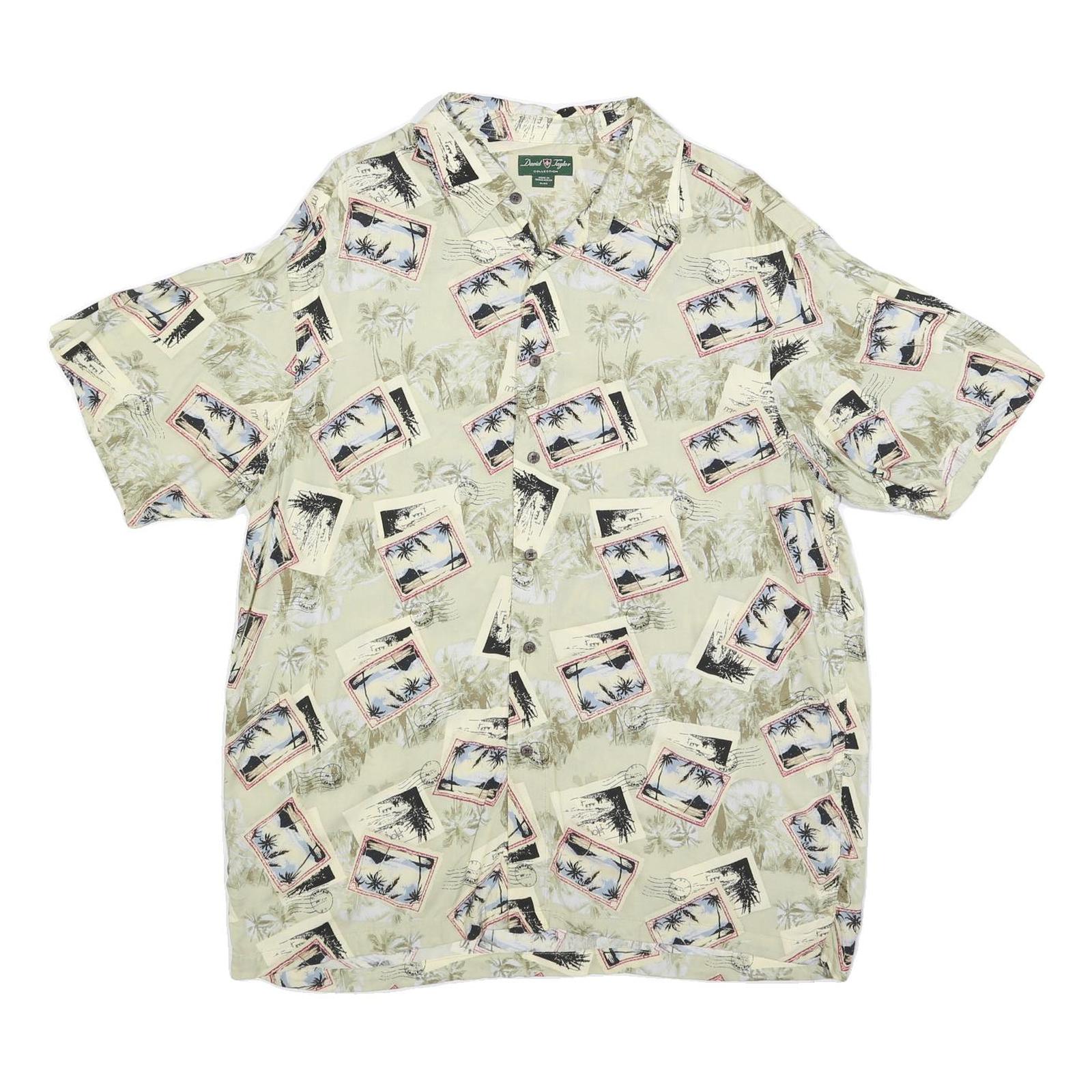 DAVID TAYLOR Mens Cream Rayon Short Sleeve Shirt XL Postcard Print Casual