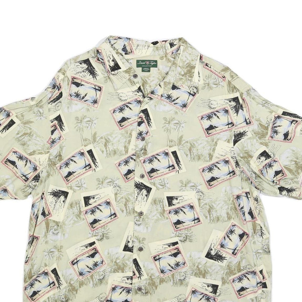 DAVID TAYLOR Mens Cream Rayon Short Sleeve Shirt XL Postcard Print Casual