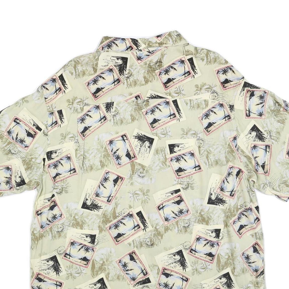 DAVID TAYLOR Mens Cream Rayon Short Sleeve Shirt XL Postcard Print Casual