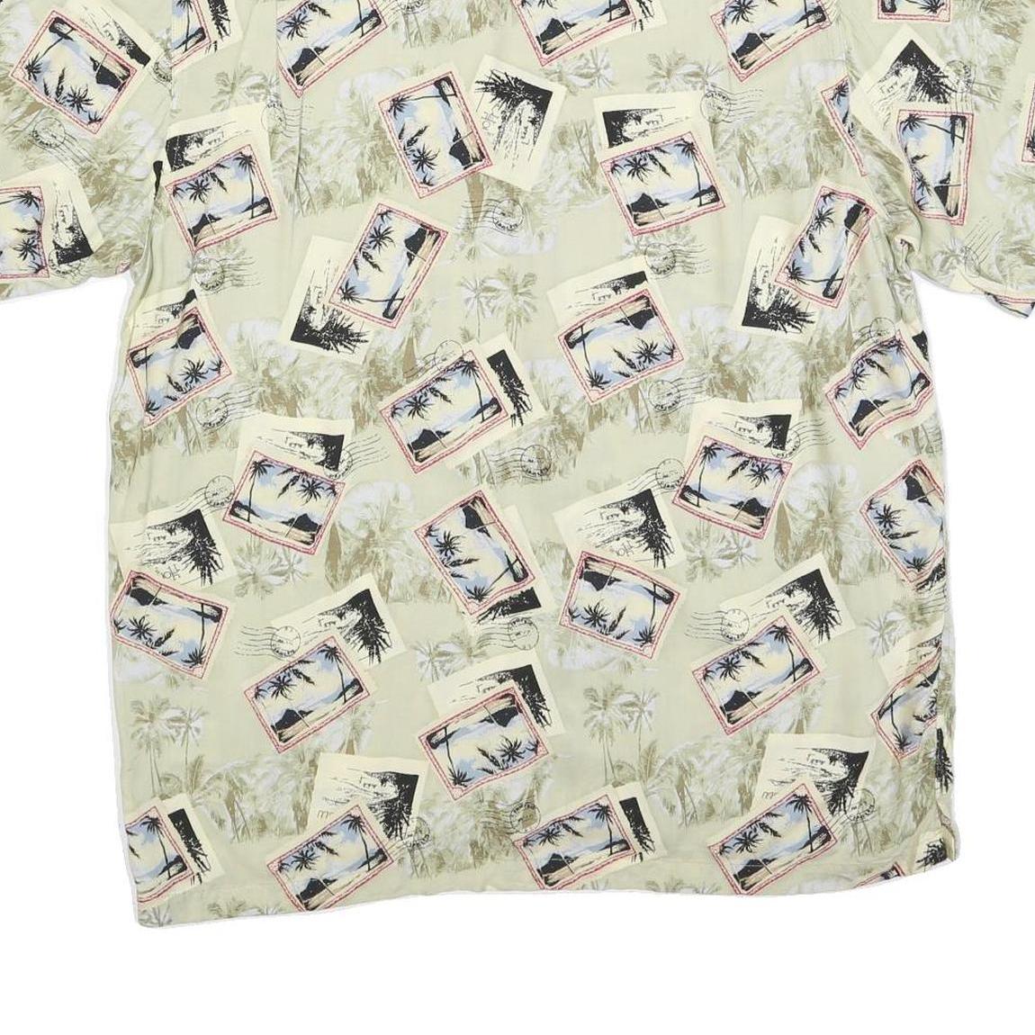 DAVID TAYLOR Mens Cream Rayon Short Sleeve Shirt XL Postcard Print Casual