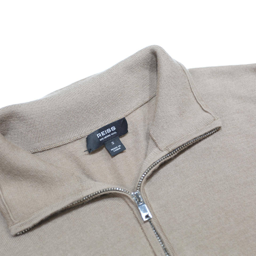 REISS Mens Beige Plain Wool Pullover 1/4 Zip Jumper S Winter Casual Knitwear