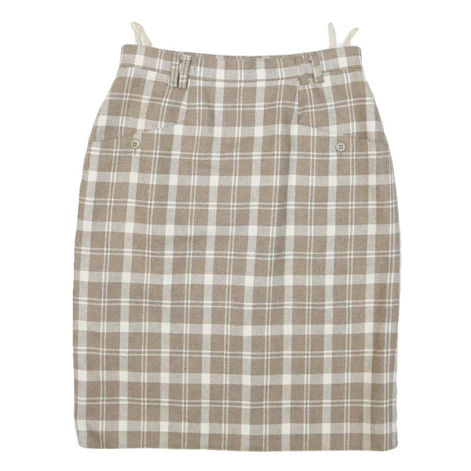 Womens Beige & White Checked Wool Pencil Midi Skirt M Classic Office Wear