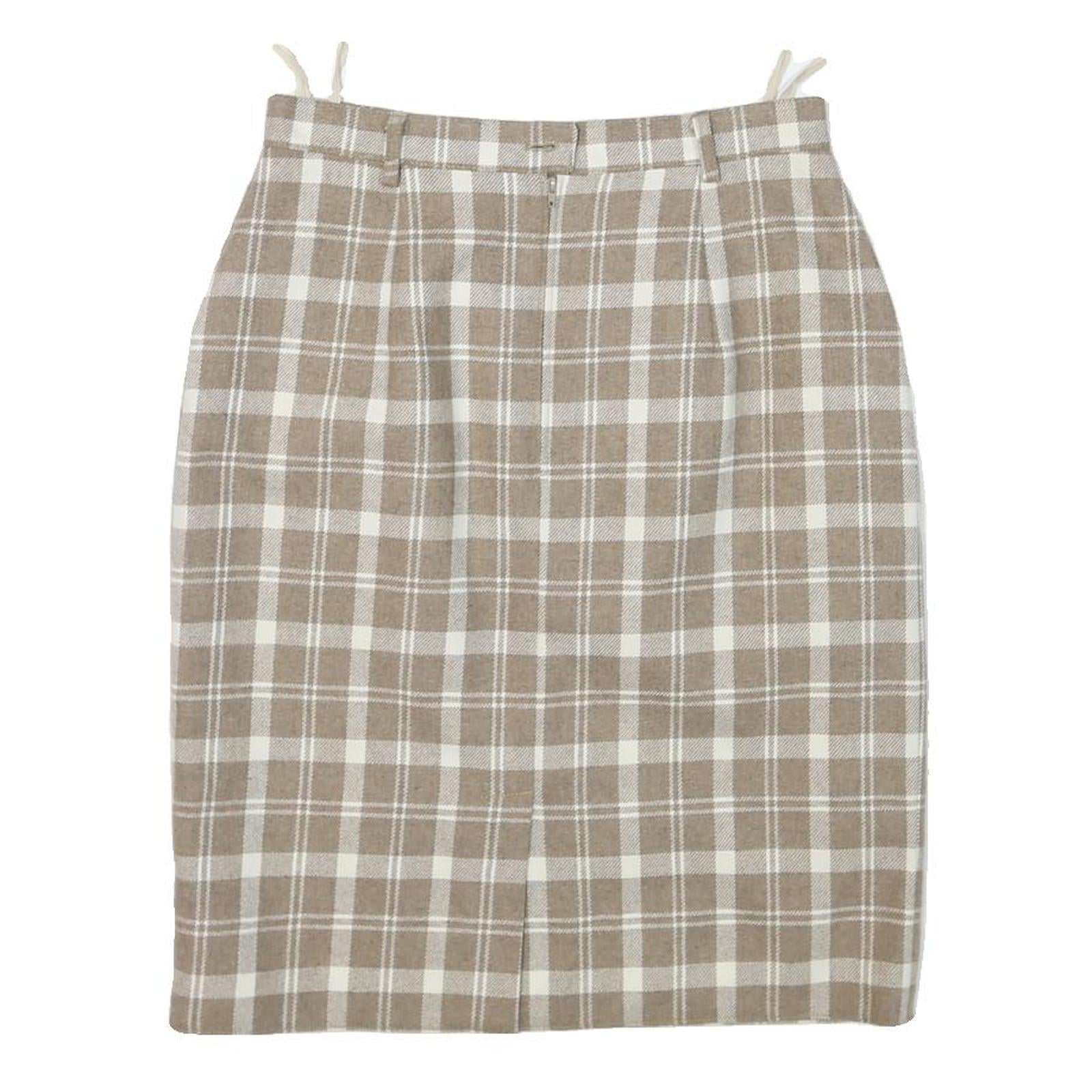 Womens Beige & White Checked Wool Pencil Midi Skirt M Classic Office Wear