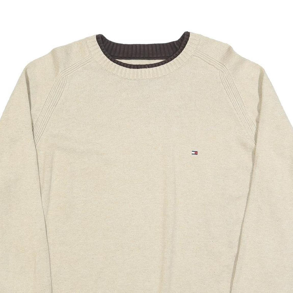 TOMMY HILFIGER Mens Beige Crew Neck Plain Cotton Jumper L Lightweight Casual