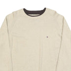 TOMMY HILFIGER Mens Beige Crew Neck Plain Cotton Jumper L Lightweight Casual