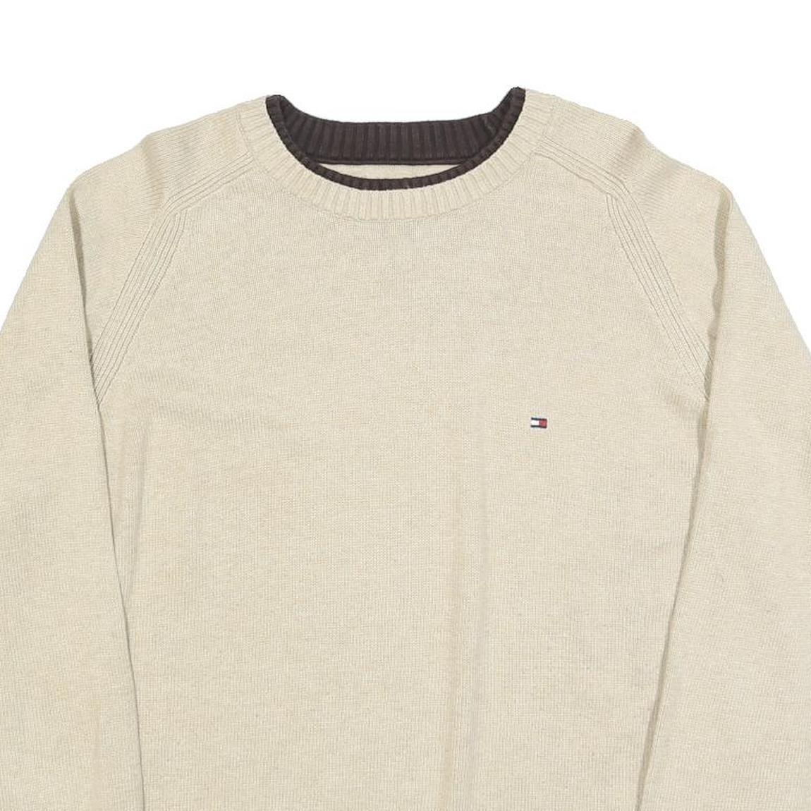TOMMY HILFIGER Mens Beige Crew Neck Plain Cotton Jumper L Lightweight Casual
