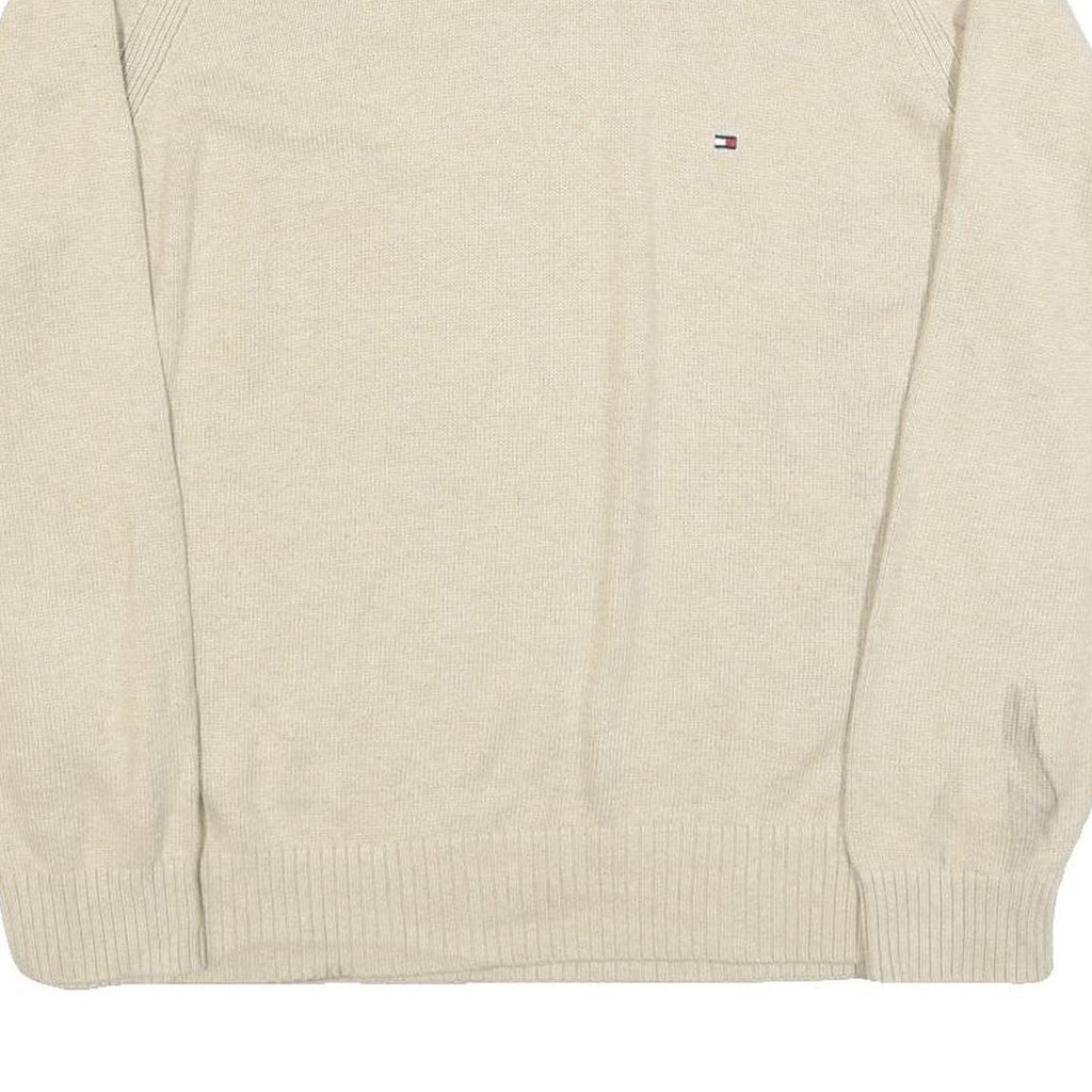 TOMMY HILFIGER Mens Beige Crew Neck Plain Cotton Jumper L Lightweight Casual