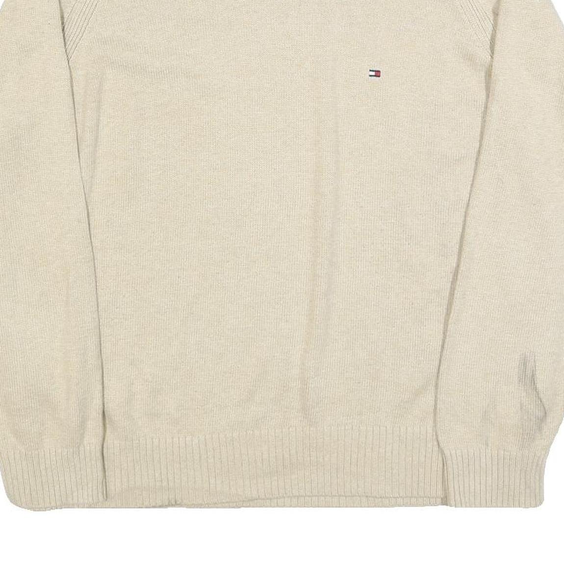 TOMMY HILFIGER Mens Beige Crew Neck Plain Cotton Jumper L Lightweight Casual