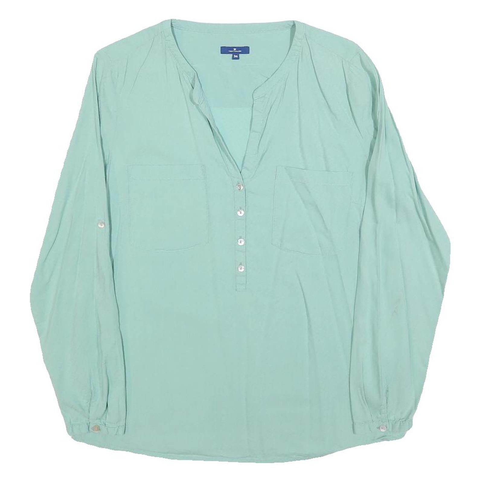 TOM TAILOR Womens Mint Blue Plain Blouse Long Sleeve Button Neck Size S