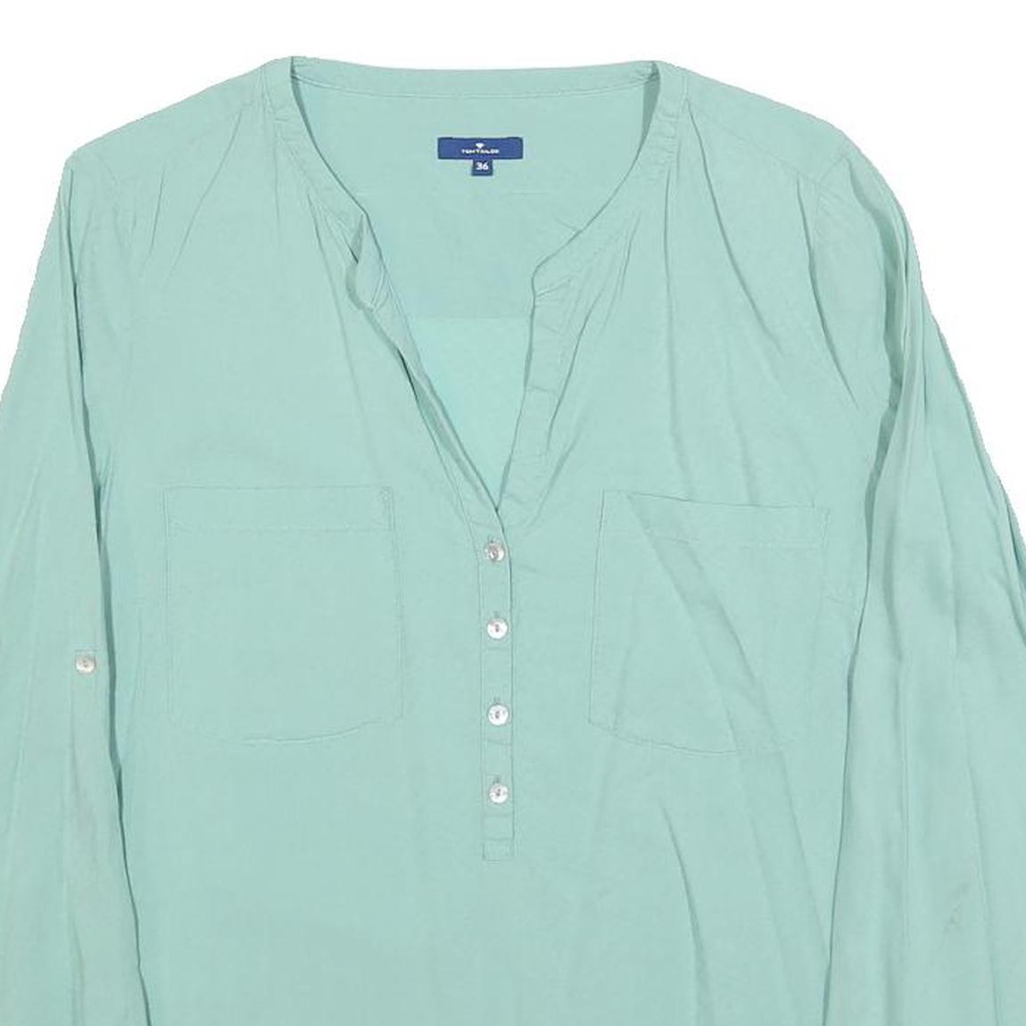 TOM TAILOR Womens Mint Blue Plain Blouse Long Sleeve Button Neck Size S