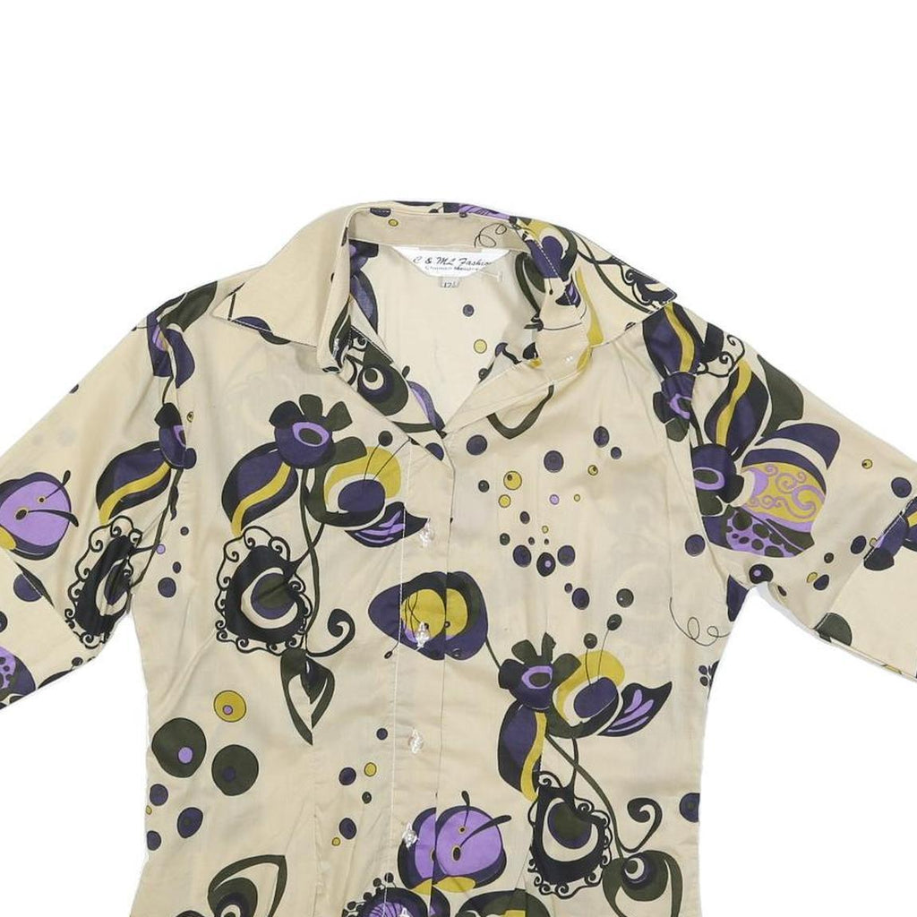 C &ML FASHION Womens Beige & Purple Pattern Shirt M Button Sleeve Cotton Blend