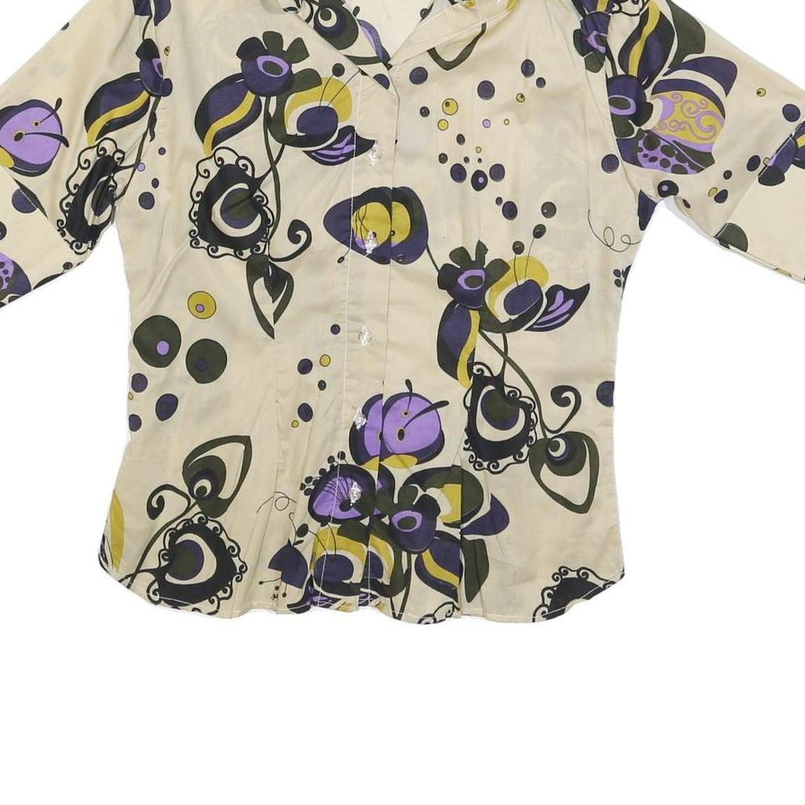 C &ML FASHION Womens Beige & Purple Pattern Shirt M Button Sleeve Cotton Blend