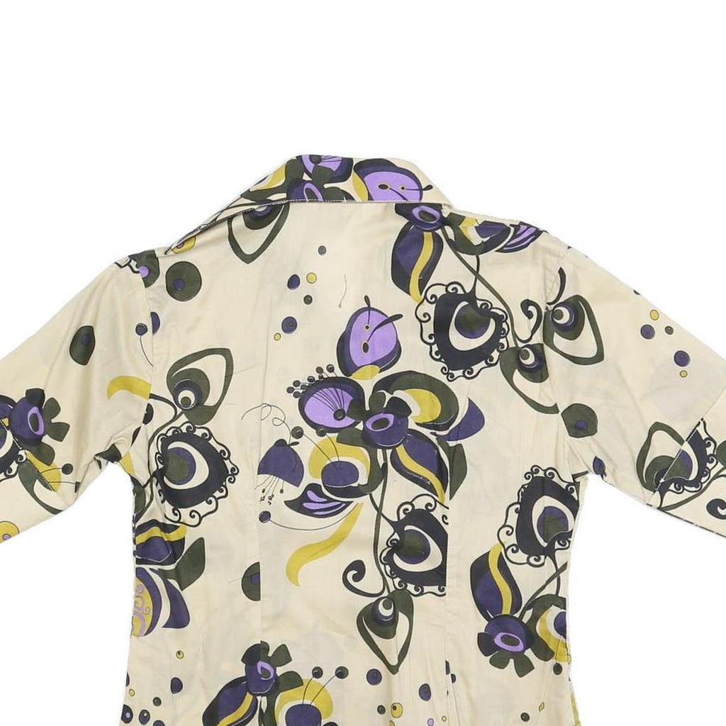C &ML FASHION Womens Beige & Purple Pattern Shirt M Button Sleeve Cotton Blend
