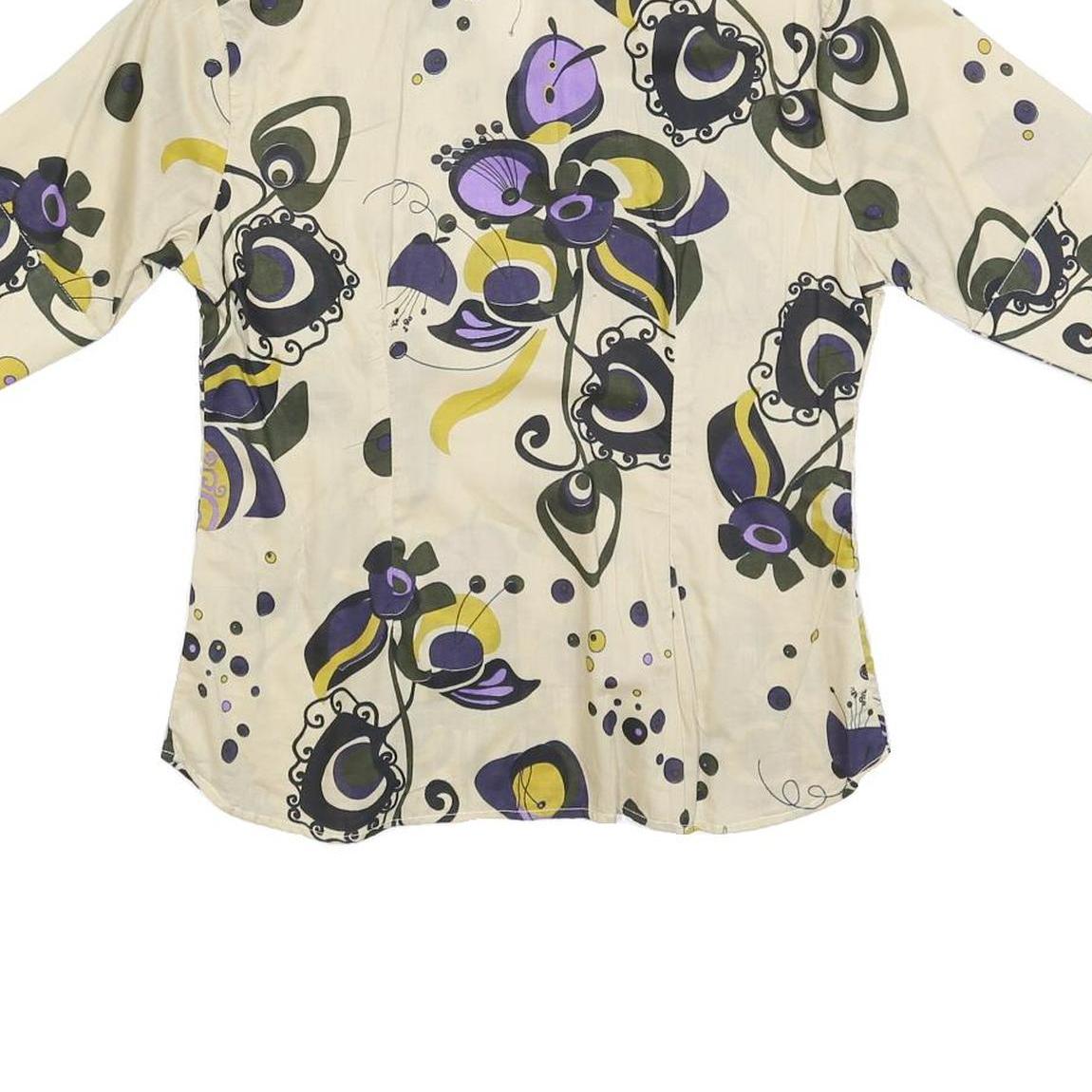 C &ML FASHION Womens Beige & Purple Pattern Shirt M Button Sleeve Cotton Blend