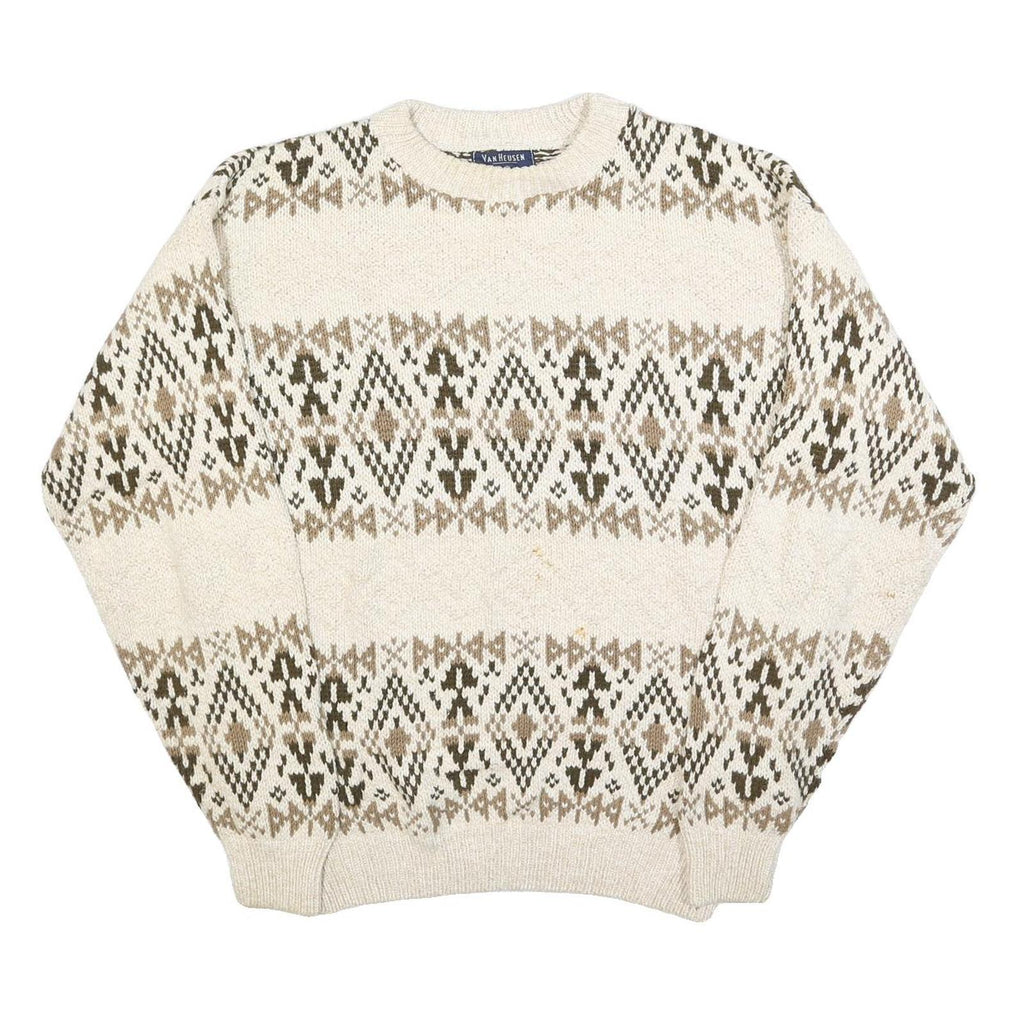 VAN HEUSEN Mens Cream Brown Patterned Cotton Jumper Crew Neck Basic Knit L