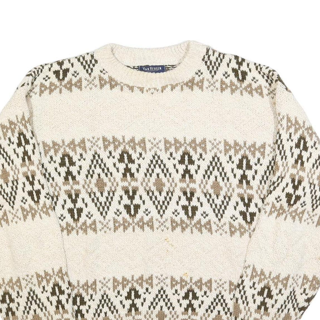 VAN HEUSEN Mens Cream Brown Patterned Cotton Jumper Crew Neck Basic Knit L