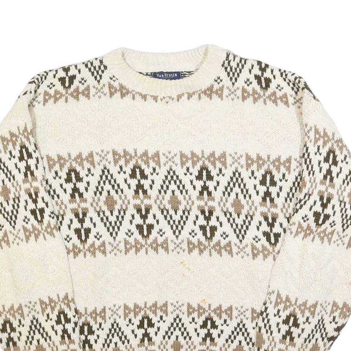 VAN HEUSEN Mens Cream Brown Patterned Cotton Jumper Crew Neck Basic Knit L