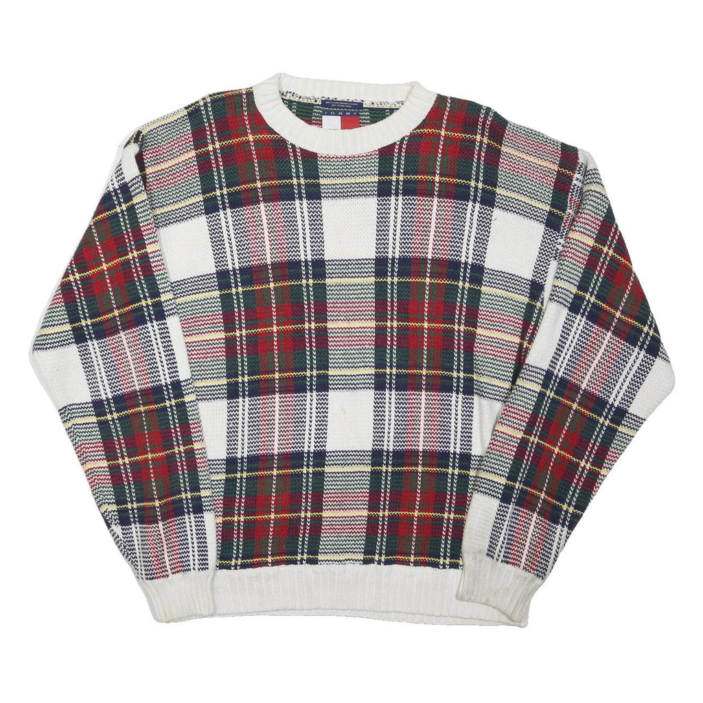 TOMMY HILFIGER Mens White Red Check Patterned Cotton Blend Jumper M Classic Crew