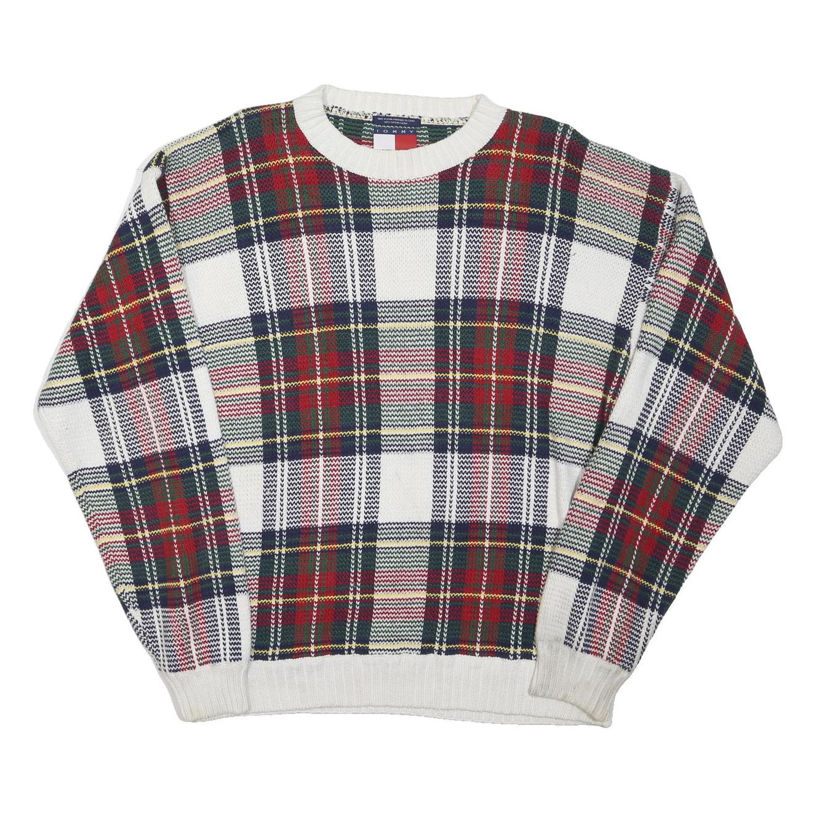 TOMMY HILFIGER Mens White Red Check Patterned Cotton Blend Jumper M Classic Crew